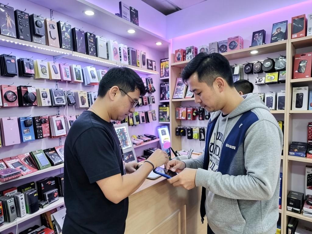 Shop owner helping a customer at an electronics counter
