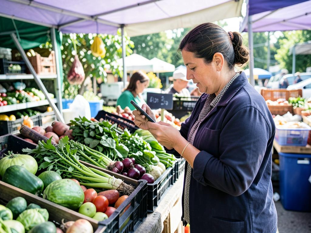 Market stall owner taking an order on her phone